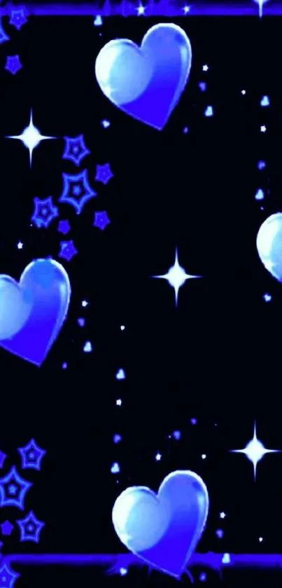 Blue hearts and glowing stars on a dark background.