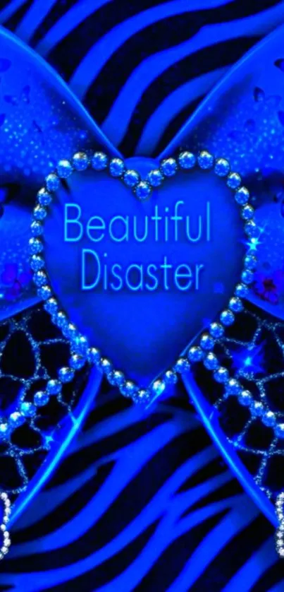 Vibrant blue heart wallpaper with butterfly design and dazzling jewel accents.