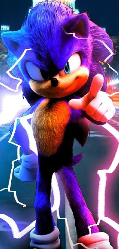 Electrified blue hedgehog with neon city backdrop in vibrant mobile wallpaper.