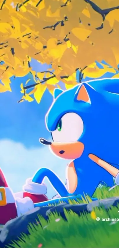 Animated blue hedgehog under golden leaves.