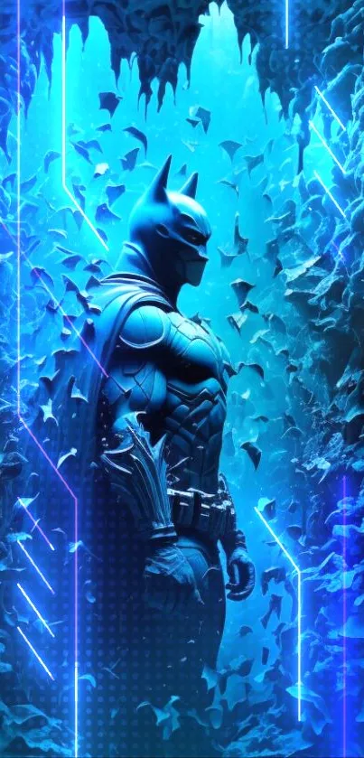 Blue superhero wallpaper with neon effects.