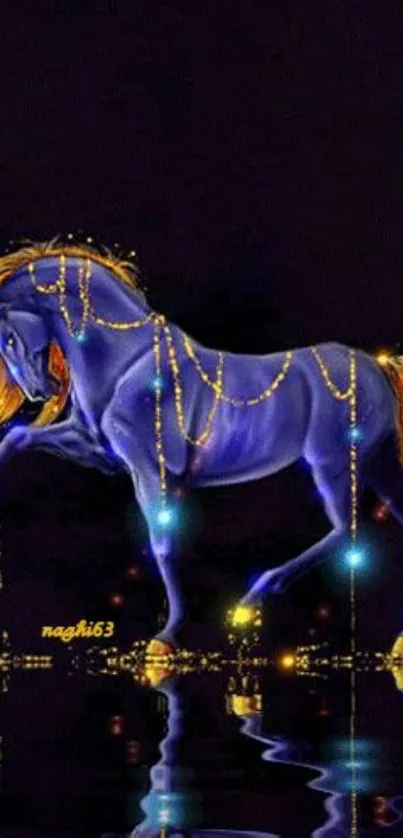 Majestic blue horse with gold accents on a dark background.