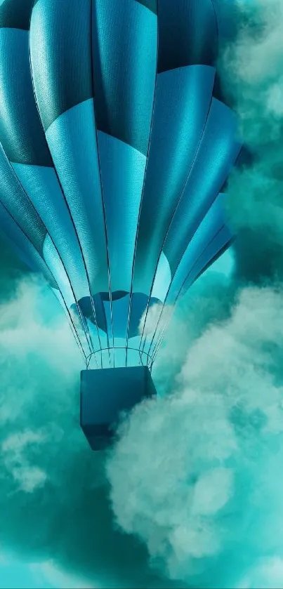 Blue hot air balloon floats through a cloudy teal sky.