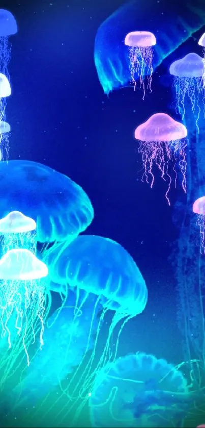 Vibrant blue jellyfish glowing underwater on mobile wallpaper.