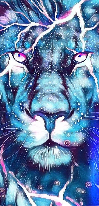 Artistic blue lion with vibrant colors.