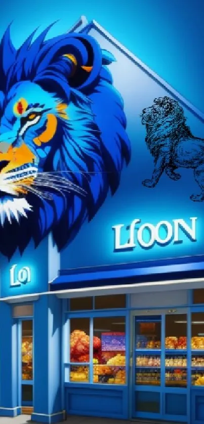 Vibrant blue lion art on building for phone wallpaper.