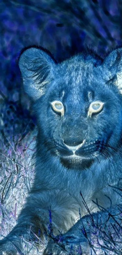 Digitally enhanced blue lion cub in a natural setting for mobile wallpaper.