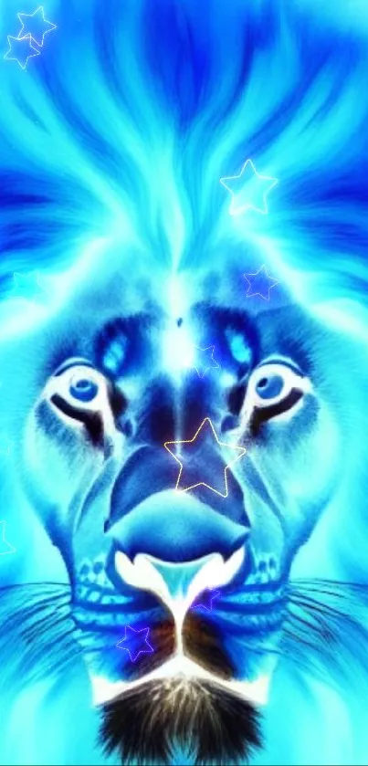 Artistic blue lion face with vibrant flowing mane on wallpaper.