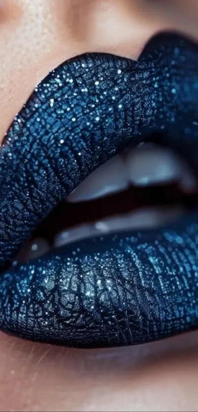 Close-up of lips with glittery blue lipstick.