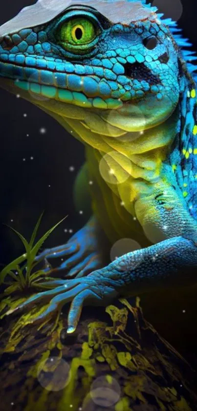 Vibrant blue and green lizard on a rock with glowing accents.