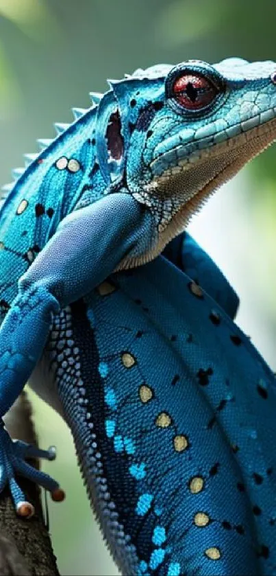 A vibrant blue lizard perched on a tree branch with detailed textures.