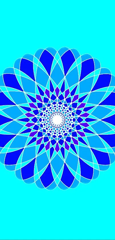 Vibrant blue geometric mandala on cyan background.