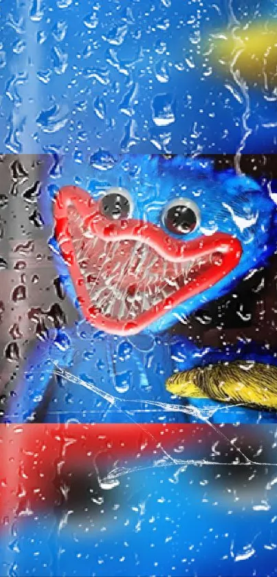 Colorful blue cartoon monster with rain effect on glass.