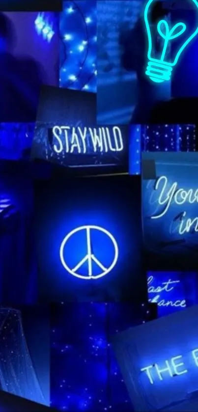 Vibrant blue neon collage with peace sign and inspirational text.