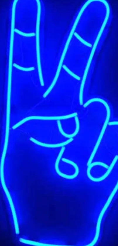 Neon blue peace sign glowing on wallpaper background.