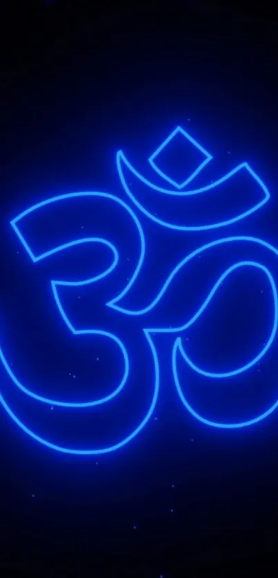 Vibrant blue Om symbol on dark background.