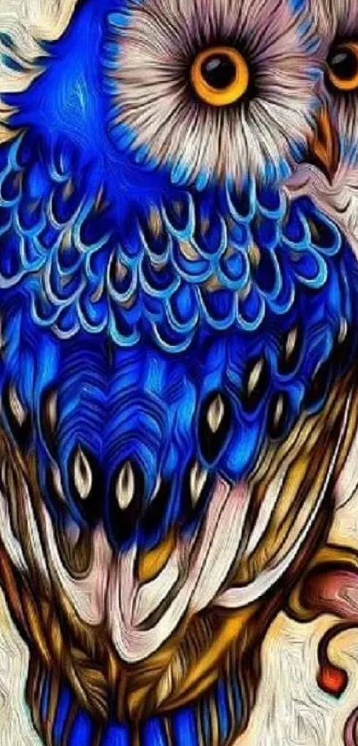 Stylized blue owl illustration with vivid colors.