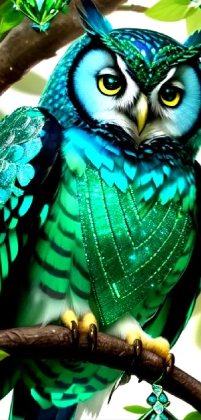 Vibrant blue owl with emerald feathers perched in a lush tree.