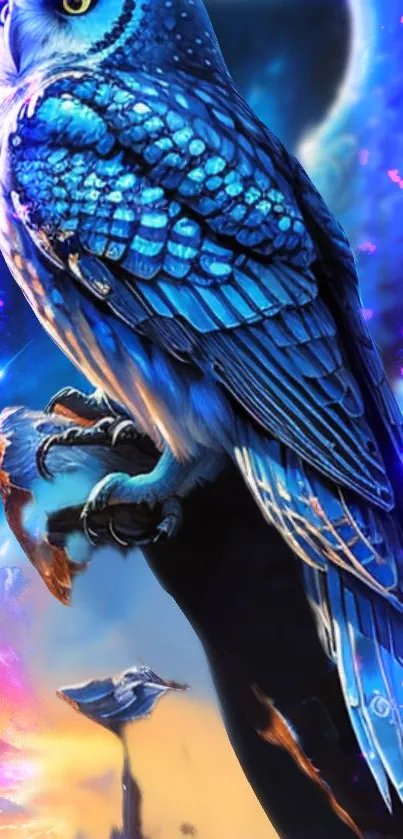 Mobile wallpaper featuring a vibrant blue owl in a cosmic setting.