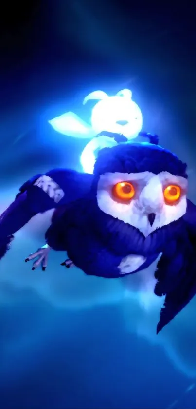 Blue owl with glowing eyes mobile wallpaper.