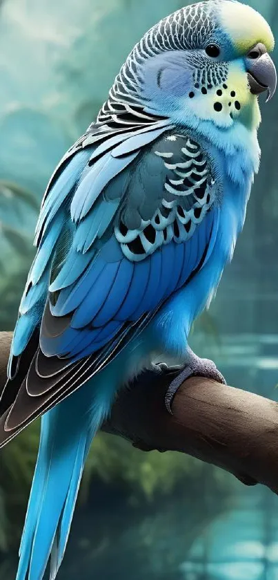 Vibrant blue parrot on a branch in a tropical setting.