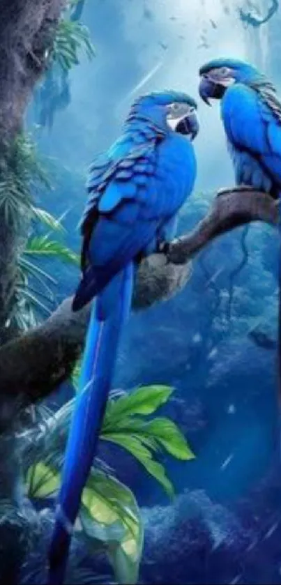 Two vibrant blue parrots perched in a lush jungle setting.