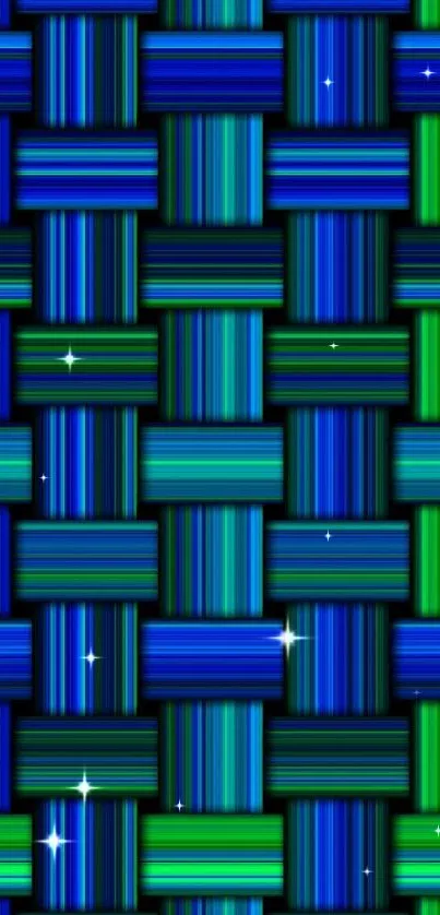 Vibrant blue and green woven pattern wallpaper.