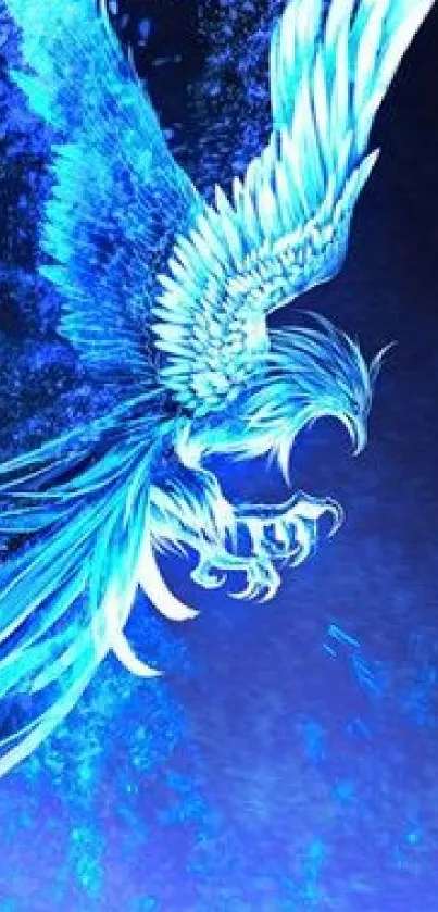 Vibrant blue phoenix with intricate feathers flying.