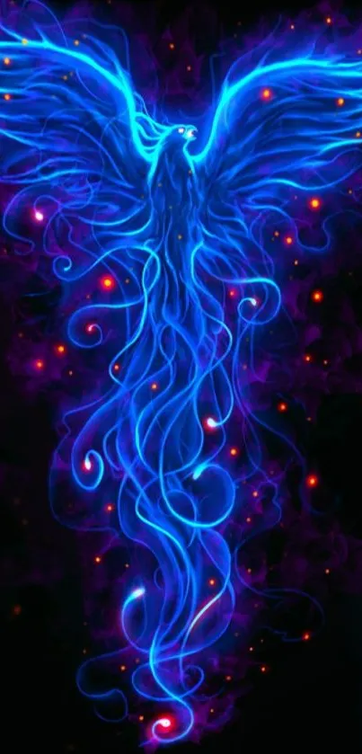 Vibrant blue phoenix glowing in dynamic digital art.