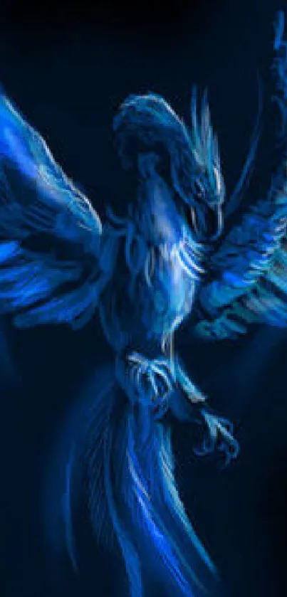 Blue phoenix in digital artwork with glowing feathers.