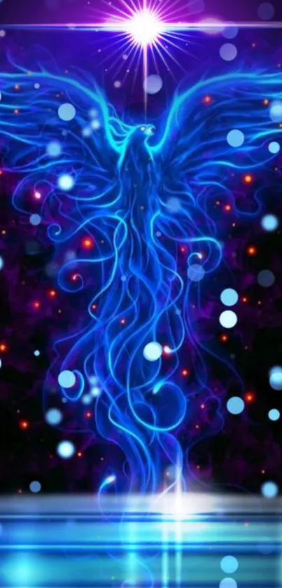 Vibrant blue phoenix wallpaper with glowing cosmic design.