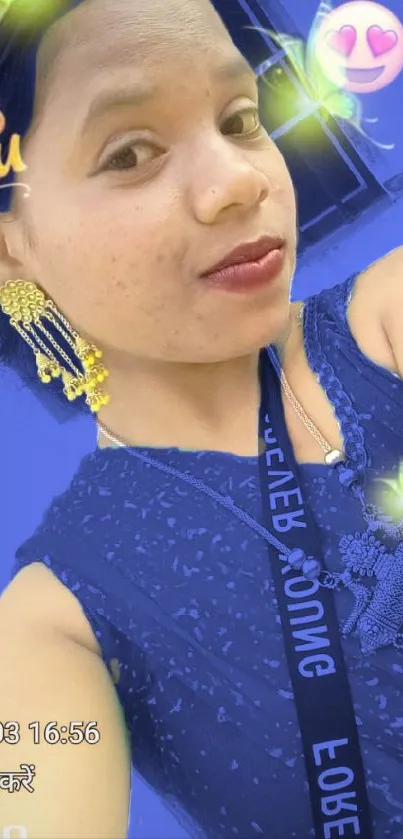 Portrait of a person in vibrant blue attire with glowing elements.