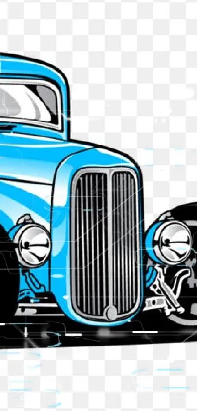 Retro blue car illustration on checkered background.