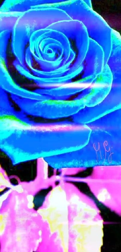 Blue rose on dark background with vibrant artistic colors.