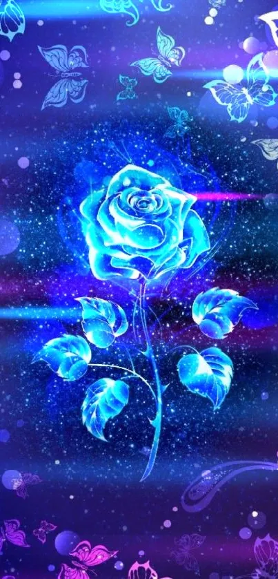 Luminous blue rose with butterflies on galaxy background.