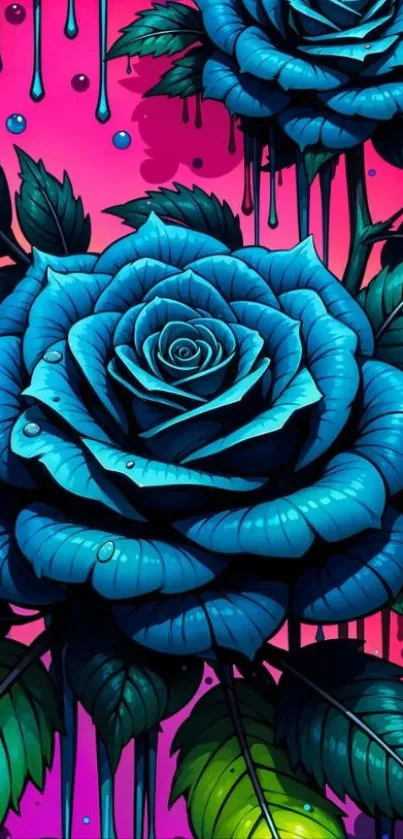 Vibrant artwork featuring blue roses and a colorful background.