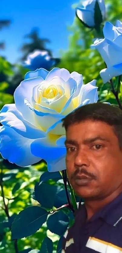 Man stands near vibrant blue roses in a garden setting.