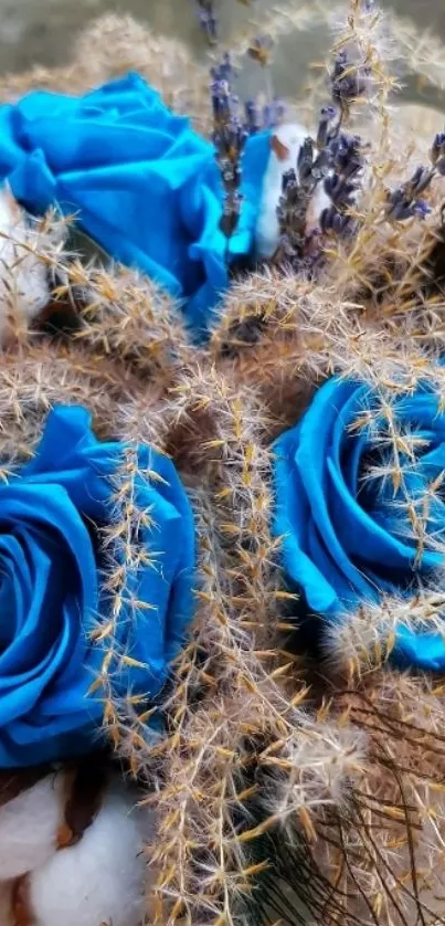 Vibrant blue rose bouquet with dried flowers.