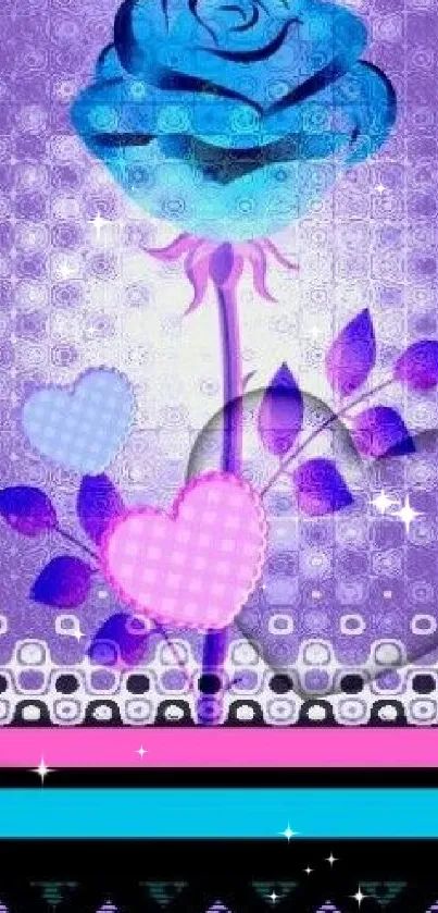 Blue rose with purple and pink hearts on a decorative wallpaper.