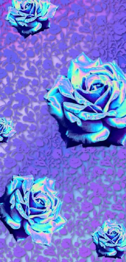 Mobile wallpaper with blue roses on a vibrant purple background.