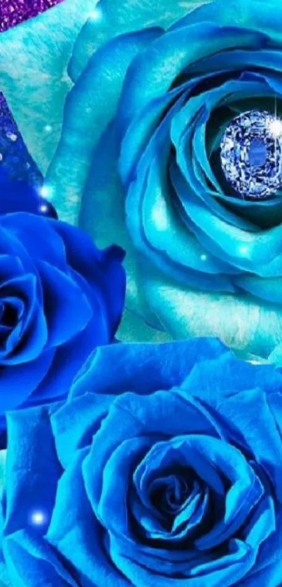 Blue roses with sparkling gems on a vibrant purple and blue background.