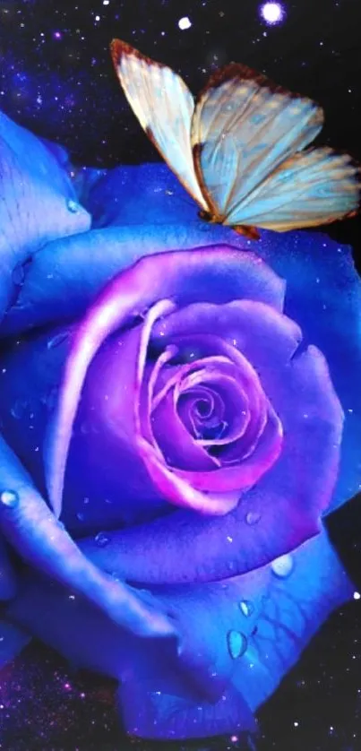 Blue rose with butterfly on cosmic background.