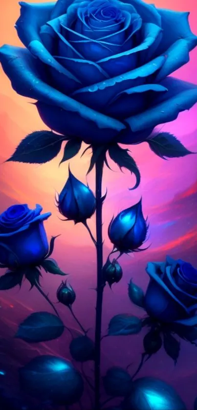 Vibrant blue roses with a purple glow.