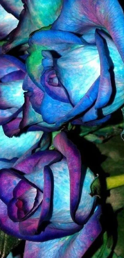 Vibrant blue roses with colorful petals on a dark background.