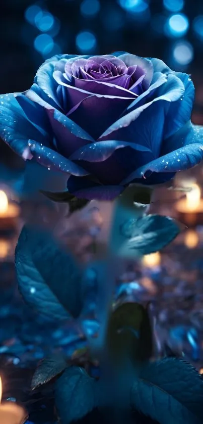 Blue rose surrounded by glowing candles, creating a serene and elegant wallpaper.