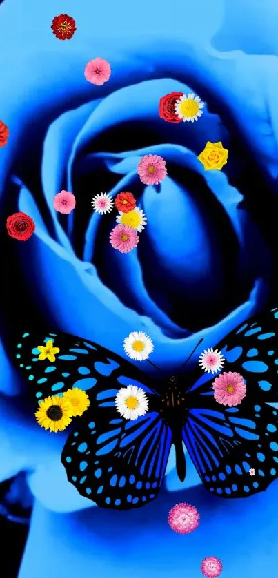 Blue rose with butterfly and flowers wallpaper.