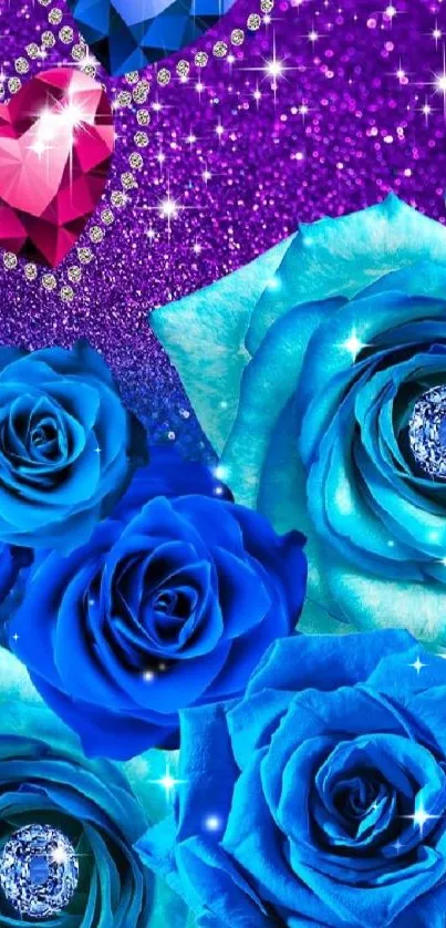 Blue roses and diamond hearts with a purple glittery background.