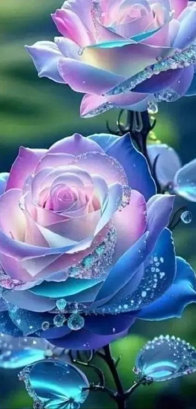 Vibrant blue and pink roses with dew, fantasy art wallpaper.