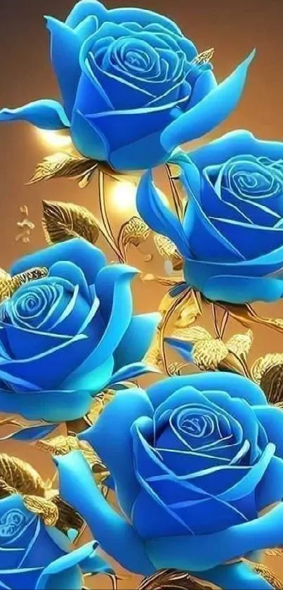 Vibrant blue roses with golden accents on a glowing background.