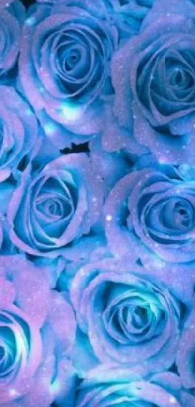 Blue roses with vibrant hues and floral pattern.